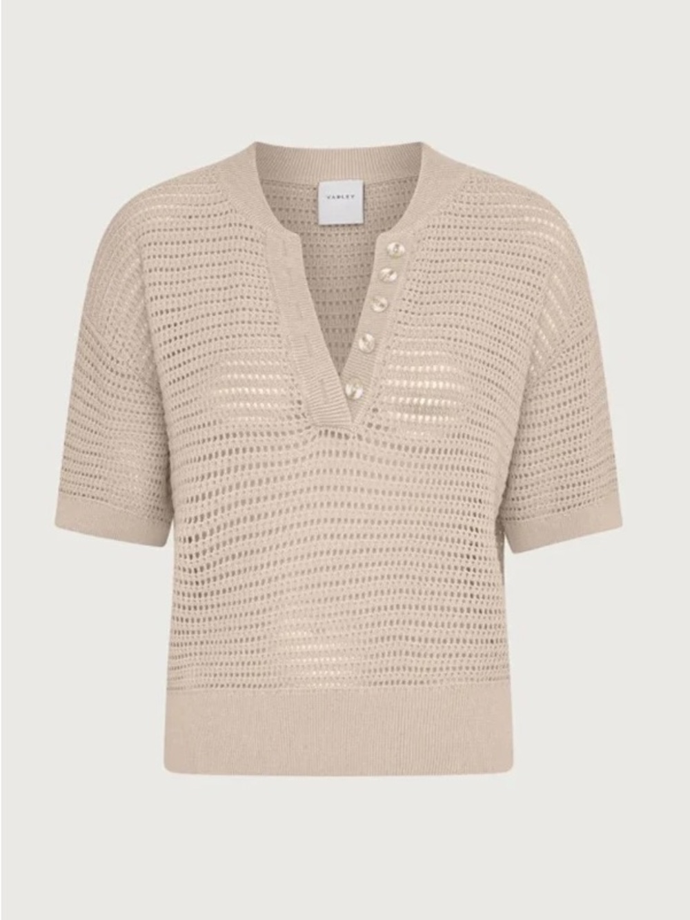 Varley Beige Knit Short-Sleeve Sweater with Button Placket, Small